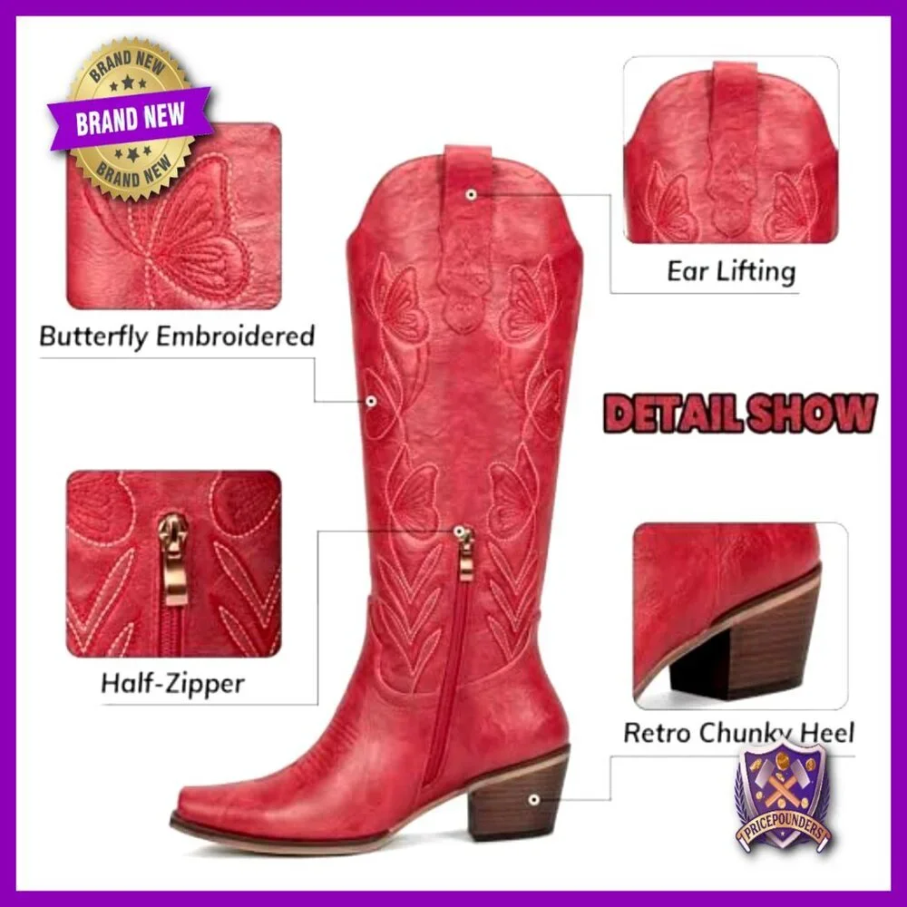 Knee High Cowgirl Boots Butterfly Embroidered Chunky Heel Zipper Vintage Western